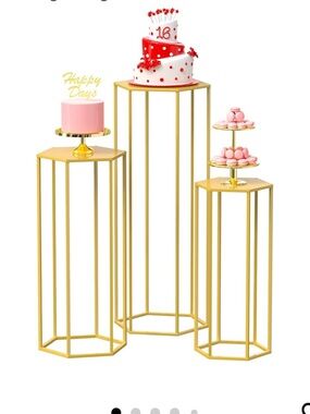 Gold Hexagon Pedestal Stands Set of 3 | 35” Wedding Display Tables Party Decor
